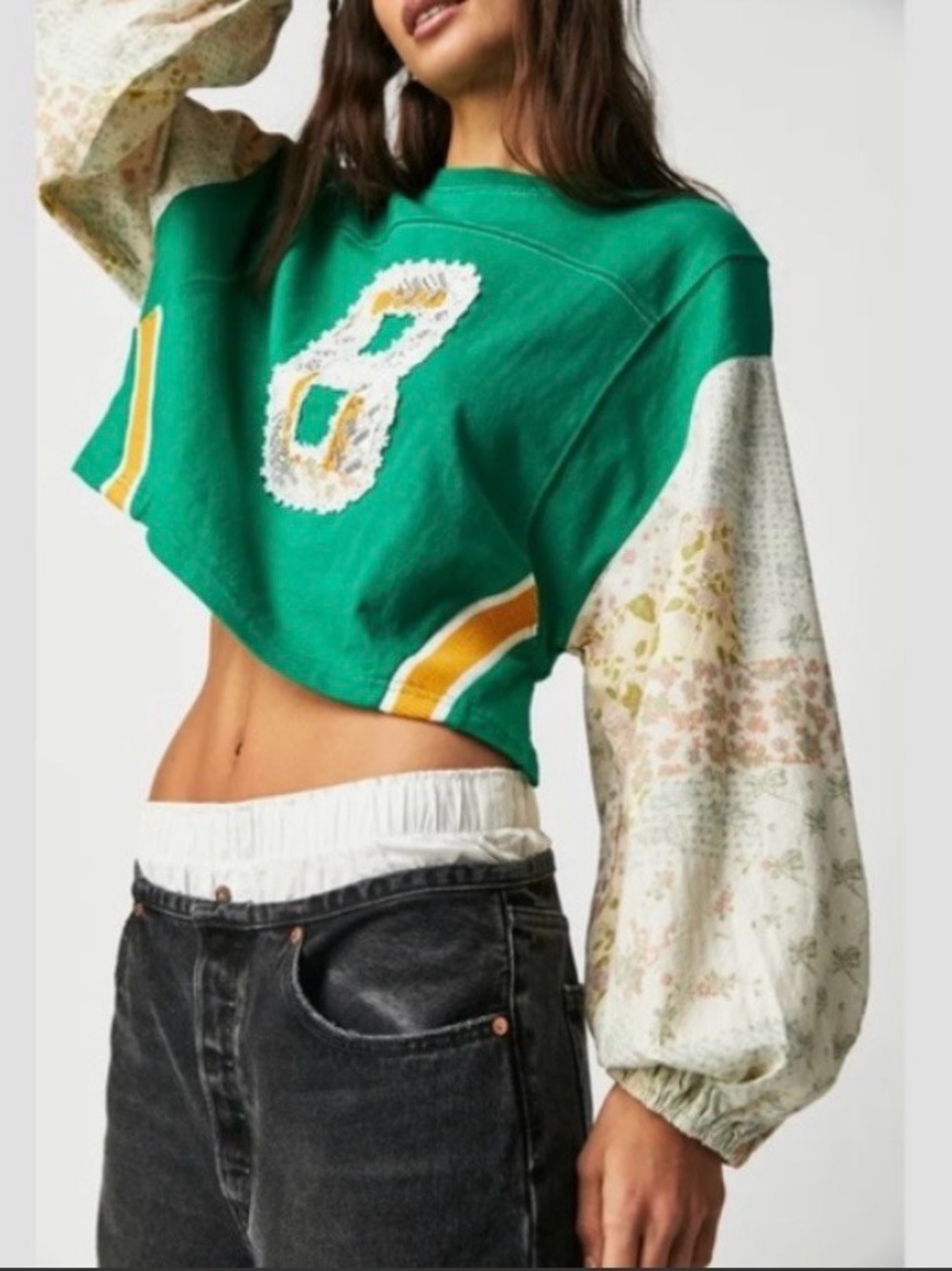 Free People Green Cropped Patchwork Sweatshirt